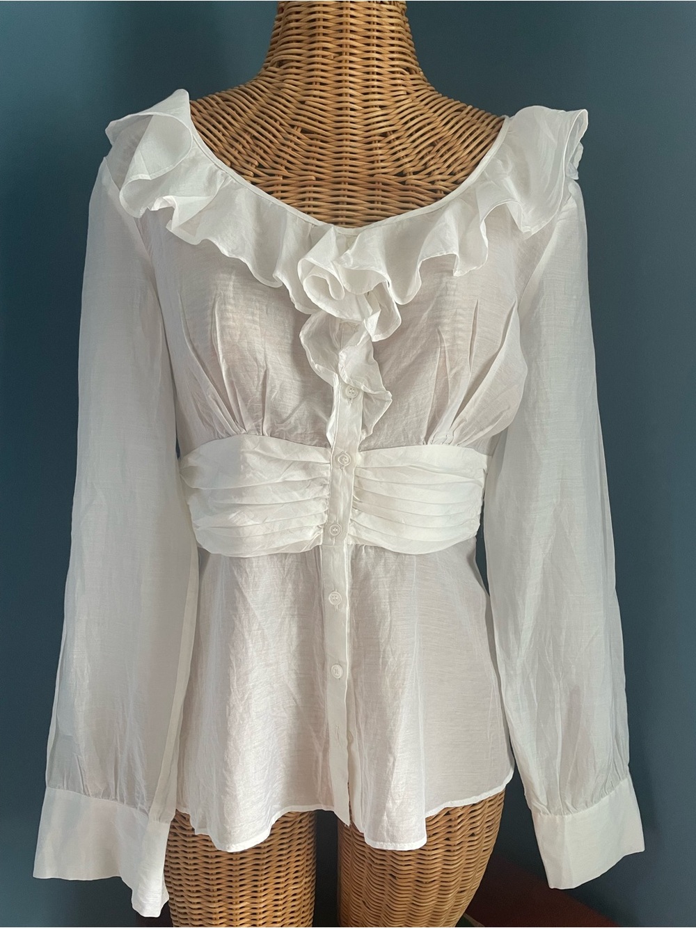 Trulli Sheer Romantic Off White Ruffle V-Neck Blouse Long Sleeve Fitted Waist